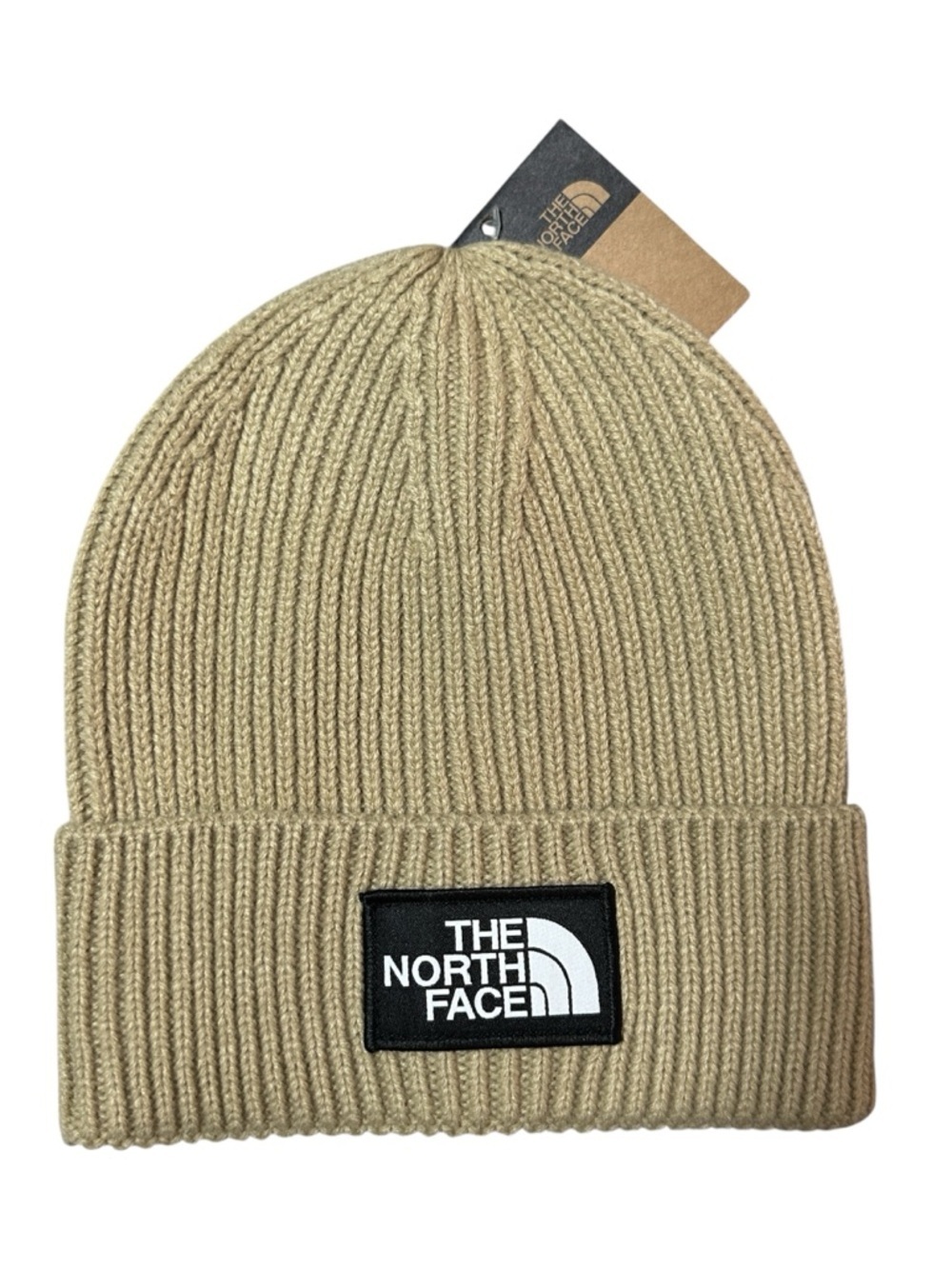 The North Face Rib Knit Beanie Tan Beige Cuffed Logo NWT